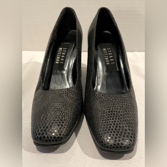 STUART WEITZMAN Black Leather Snake Print Square Toe Block Heels Women’s Size 6 - Picture 2 of 7